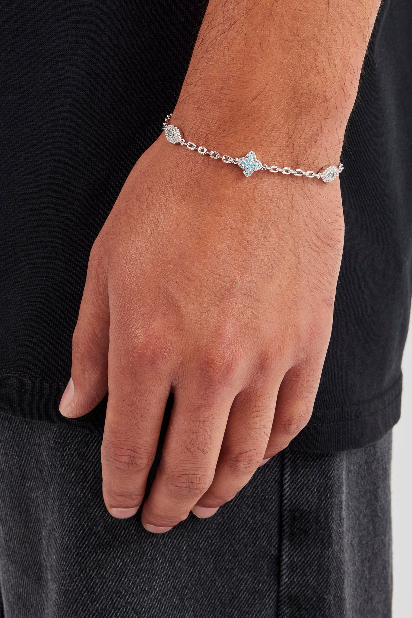 Blue CZ Baguette Motif Rolo Bracelet - 8mm